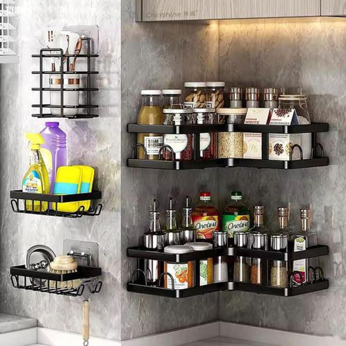 Support mural sans perçage pour cuisine,Étagère d'angle de salle de bain grande capacité,rangement de la salle de bain