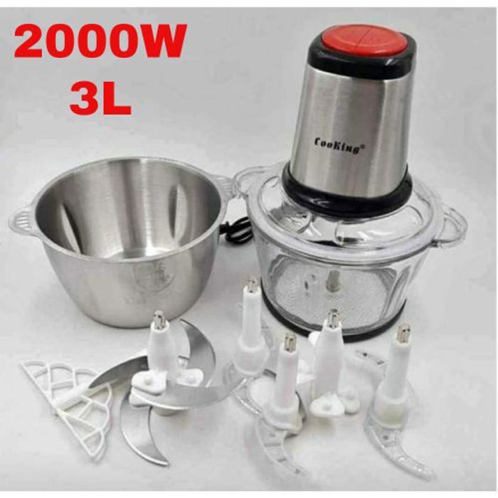 Cooking Hachoir électrique de cuisine avec 2 bol en verre et inox 3L/2000W,2 vitesses, 5 lames et batteur