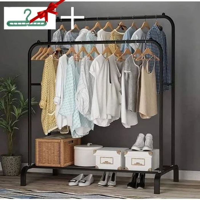 Porte-vêtements à double pôle, porte-vêtements portable avec étagère inférieure pour suspendre vêtements, manteaux, pulls, chemises/