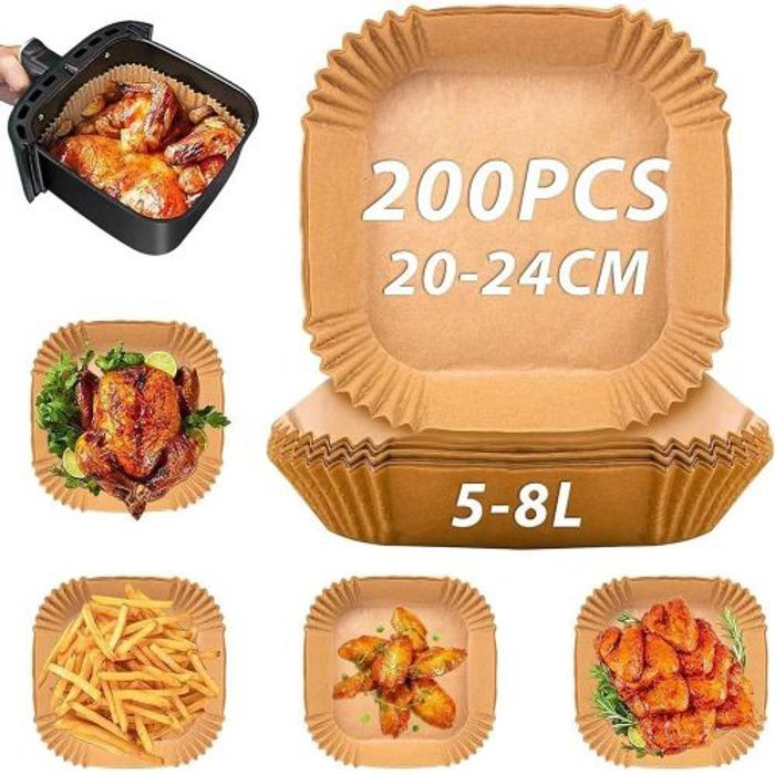 Lot de 200 doublures carrées jetables en papier sulfurisé pour friteuse à air comprimé de 24 cm,