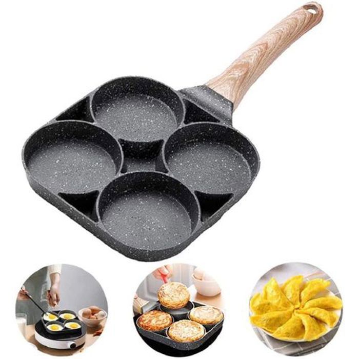 Poêle à crêpes, à oeufs & pancake avec 4 trous antiadhésive, Poignée antibrûlure