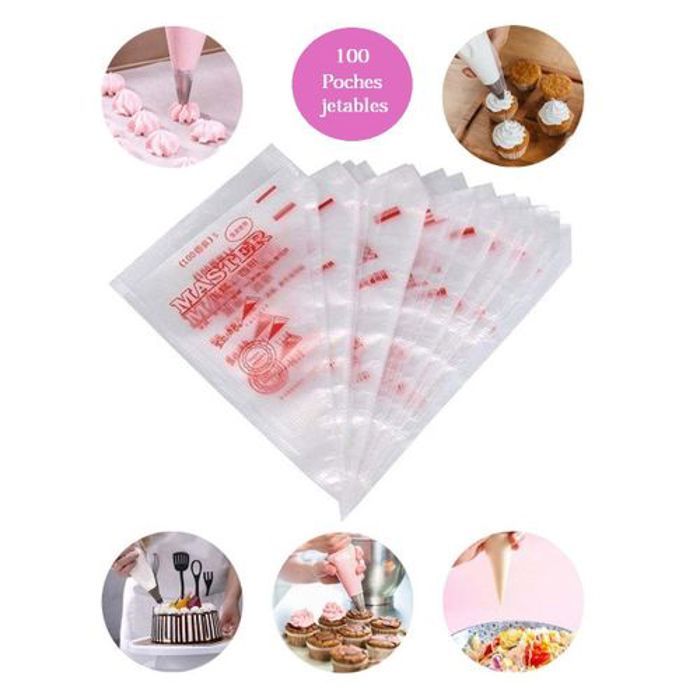 Poches à douille Jetables Grande Taille, Paquet de 100 Poches en plastique pour décoration de gâteau