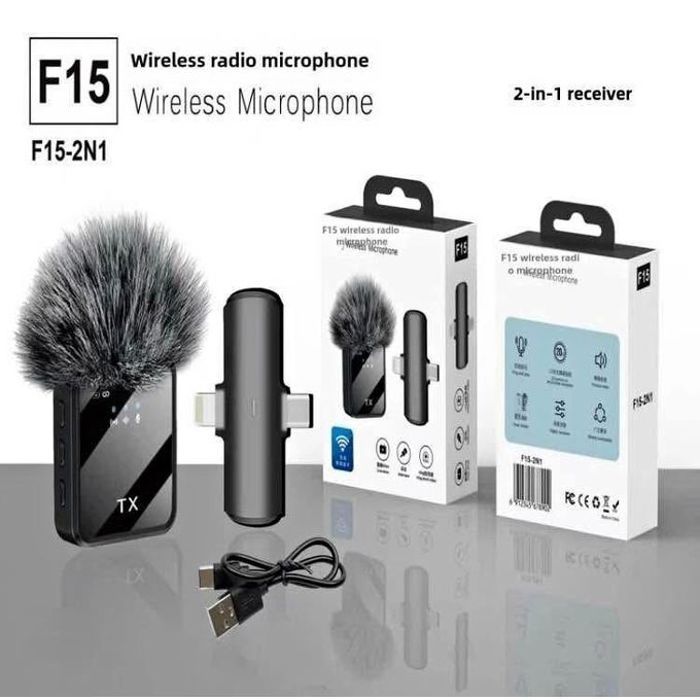 Microphone 2 en 1 sans fil Lavalier F15 USB C + Lightning Mic pour téléphone Android Ip