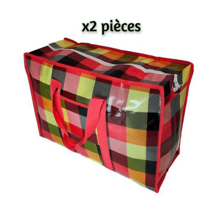 Lot de 2 Sacs à Provisions Extra-Larges – Plastique Tressé Renforcé – Fermeture Éclair – Couleur Aléatoire
