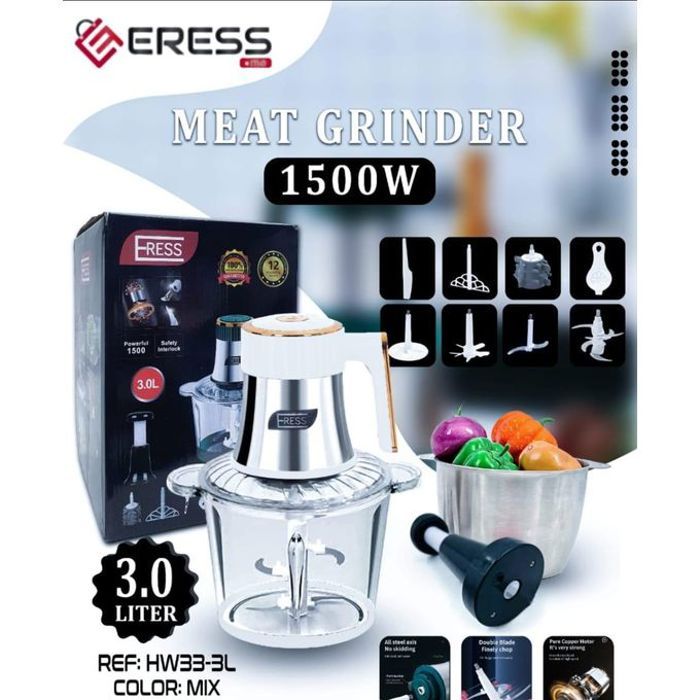 Ce hachoir électrique est l'accessoire parfait pour votre cuisine. Avec une capacité de 3 litres et cinq niveaux de vitesse, il off