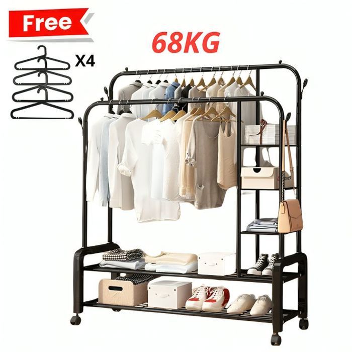 Portant à Vêtements Multifonction – Tringle Autoportante, Séchage et Rangement pour Manteaux,Noir, 68 kg + 4 Cintre Gratuit