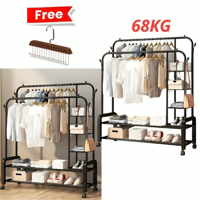 Portant à Vêtements Multifonction – Tringle Autoportante, Séchage et Rangement pour Manteaux,Noir, 68 kg + Cintre en bois Gratuit