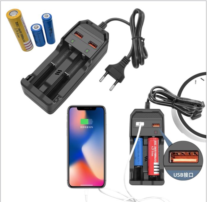 2en1 Chargeur 18650 pour batterie au lithium 3,7 V, double emplacement, double charge, chargeur intelligent avec double sortie USB