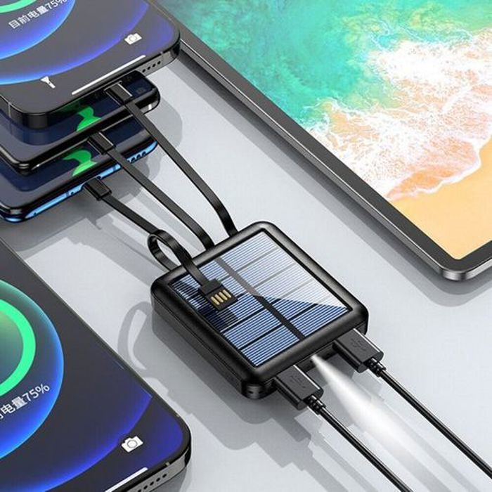 Power Bank Solaire - Non spécifié - 10000mAh - Lampe LED - 4 câbles - 2 sorties USB