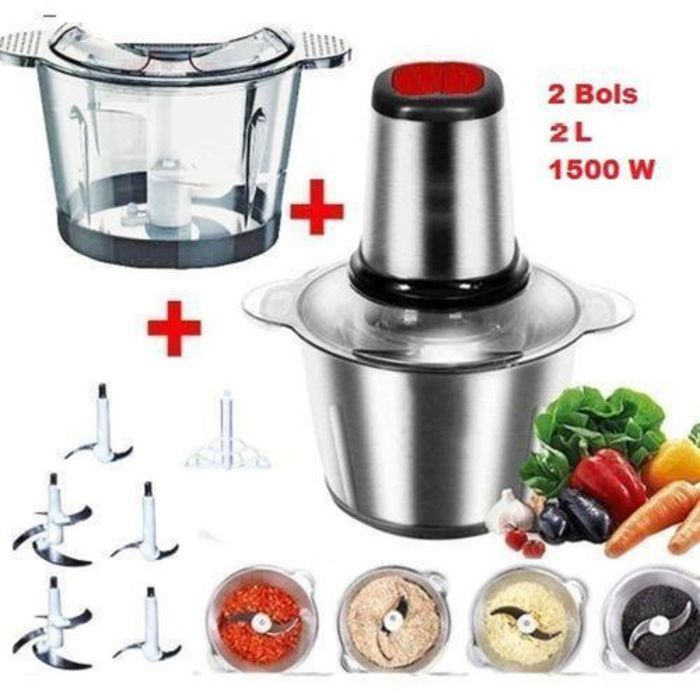 Cooking Hachoir 2 litres,1500W,2 Bol Inox Et Verre avec 5 Lames en acier inoxydable et batteur