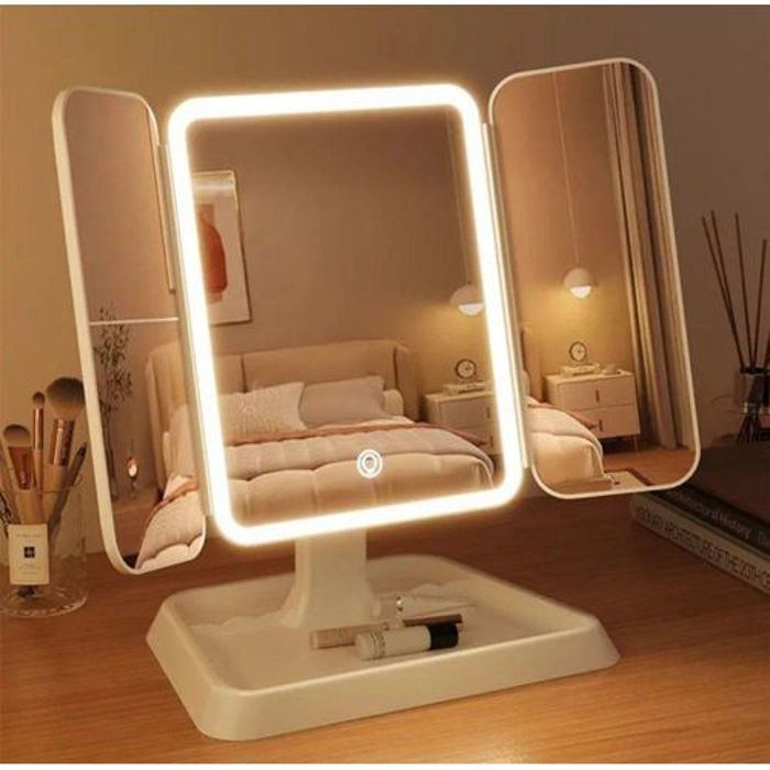 Miroir de maquillage pliable à trois côtés avec éclairage LED