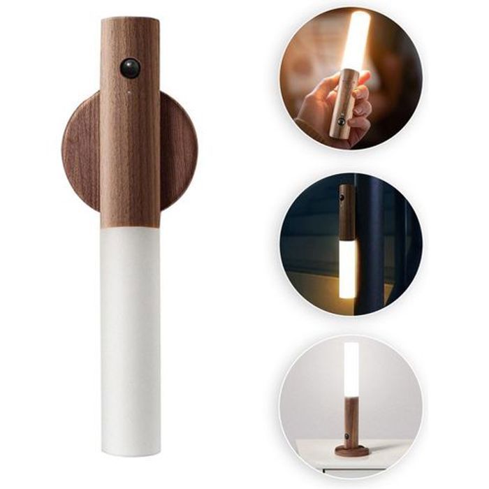 Veilleuse murale LED en bois magnétique sans fil USB rechargeable avec détecteur de mouvement