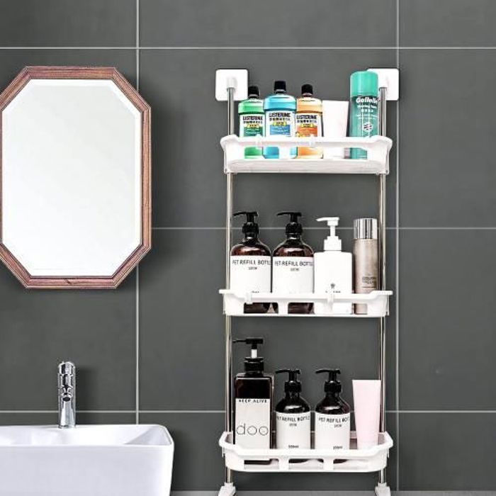 Étagère de rangement pour salle de bain au-dessus des toilettes avec crochets, blanc à 3 niveaux