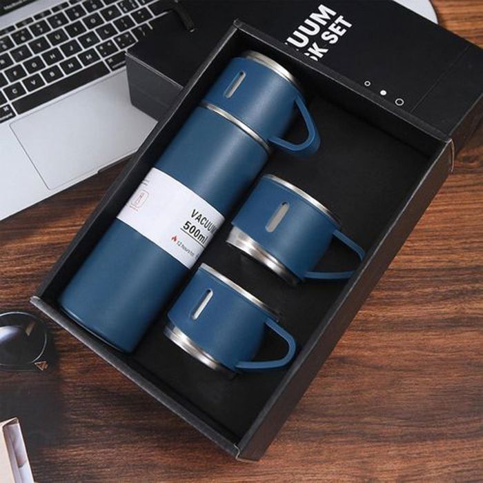 VACUUM FLASK Thermos avec 3 tasses en Inox, Bouteille isotherme en acier inoxydable pour boissons chaudes et froides -bleu