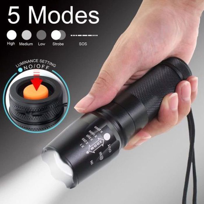 Lampe torche - LED - Tactique - 5 modes - Rechargeable USB - Étanche