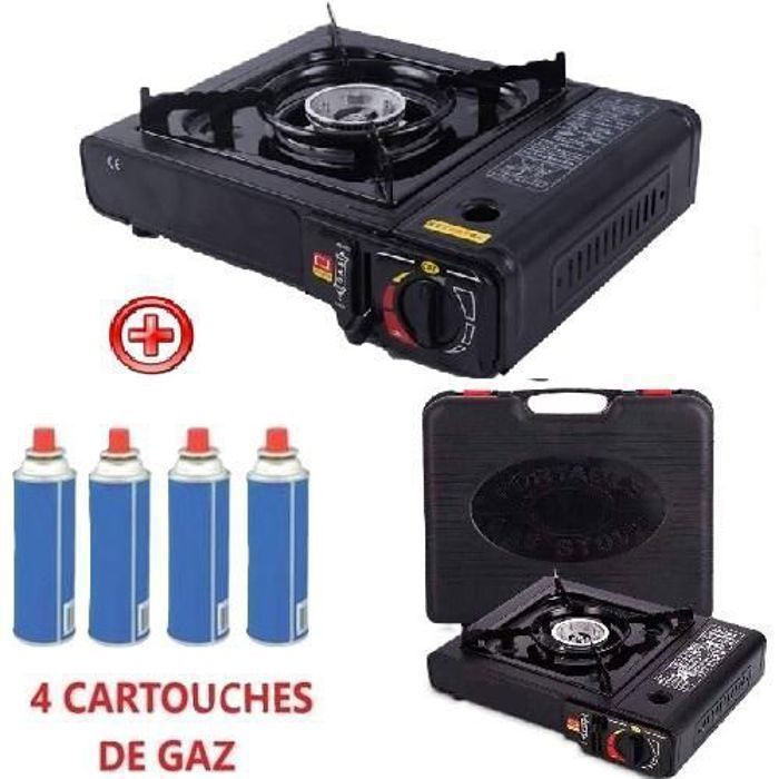 Pack Complet : Réchaud de Camping Gaz Portatif + 4 Cartouches Offertes – Allumage Piezo & Mallette de Transport