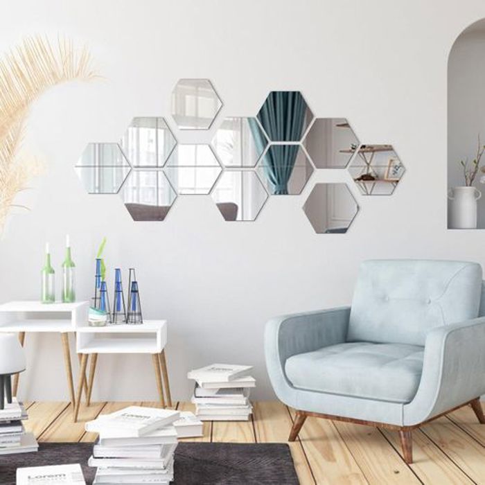 Miroir hexagonal - Inox - 12 pièces - Adhésif - Décoration murale - Design contemporain