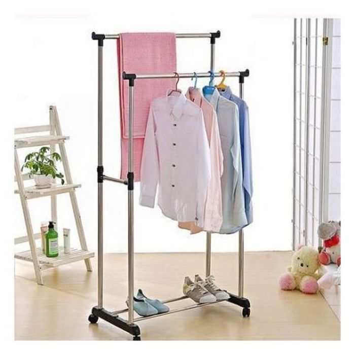 Porte-vêtements télescopique double pôle,Porte-manteau et vêtements mobile,Rangement des Boîtes,