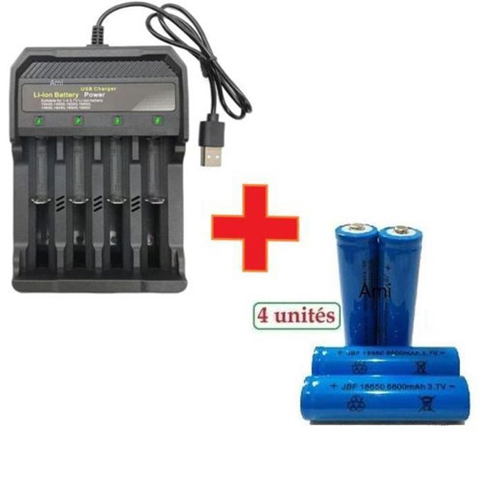 Chargeur de batterie, Li-ion 4.2V 18650 à 4 fentes + 4 batteries 3.7V 18650 Li-ion rechargeables 6800 mah