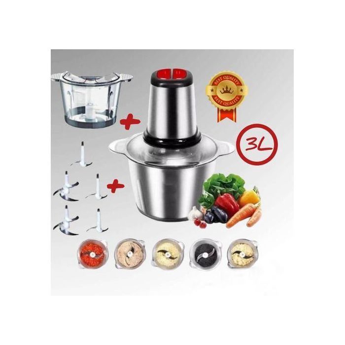 Cooking Hachoir électrique de cuisine avec 2 bol en verre et inox 3L/2000W,2 vitesses, 5 lames et batteur