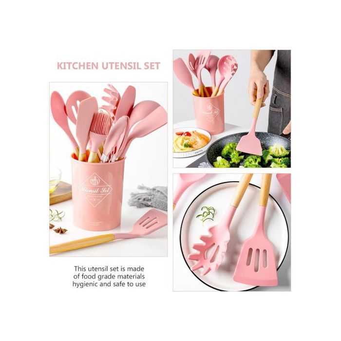 Lot de 12 ustensiles de cuisine antiadhésifs en silicone avec poignées en bois avec Porte-Louche