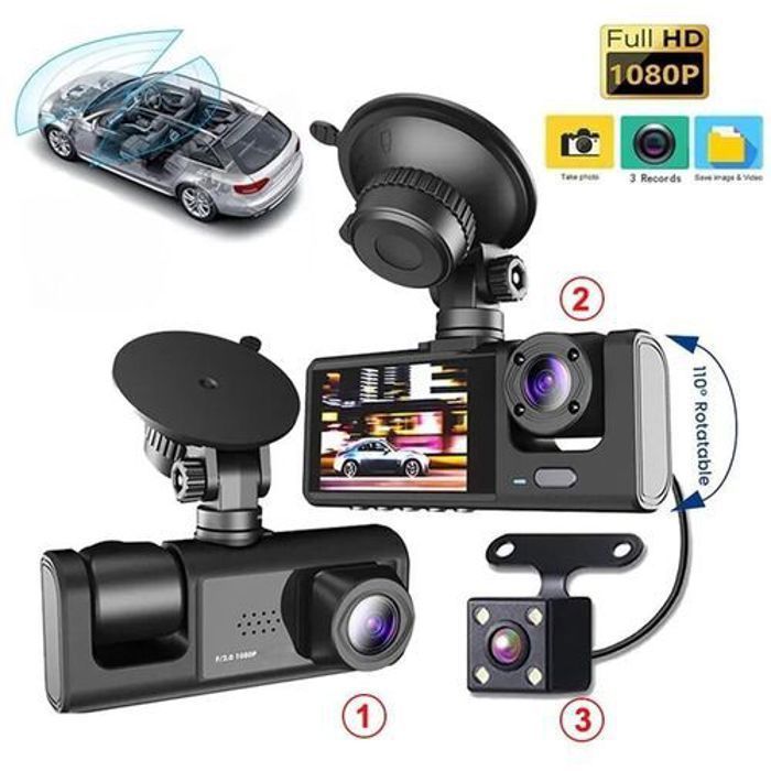 Dashcam De Voiture FULL HD, 3 Caméras Enregistreur