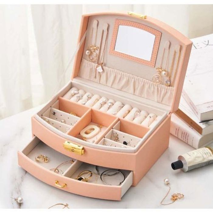 Grande boîte à bijoux à 2 couches en cuir PU avec miroir, colliers, bagues, rose