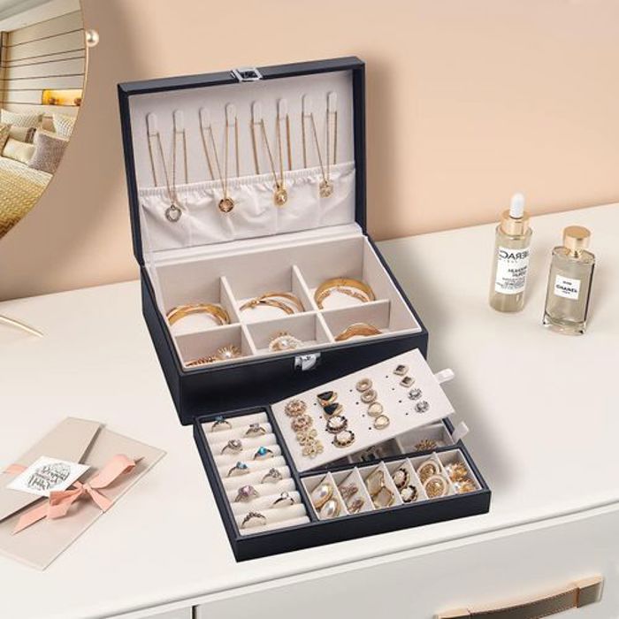 Boîte à Bijoux avec 2 Couches verrouillables, pour Boucles d'oreilles/Anneaux/Colliers