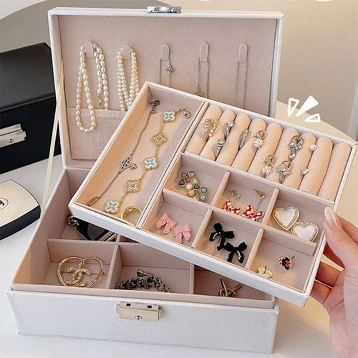 Organisateur de bijoux - Cuir - Double couche - Blanc - Pour filles - Cadeau élégant