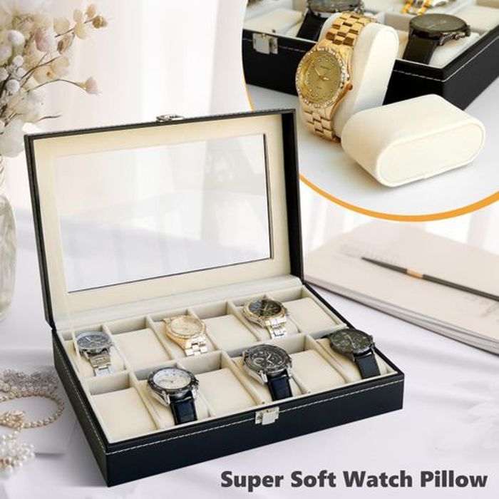 Boîte de rangement - Organisateur de Montres - Cuir noir - Bois - Élégant - Mixte