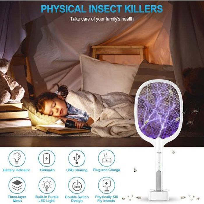 Raquette anti-moustiques - Raquette - Rechargeable USB - 3000V - Sécurité renforcée - Efficace