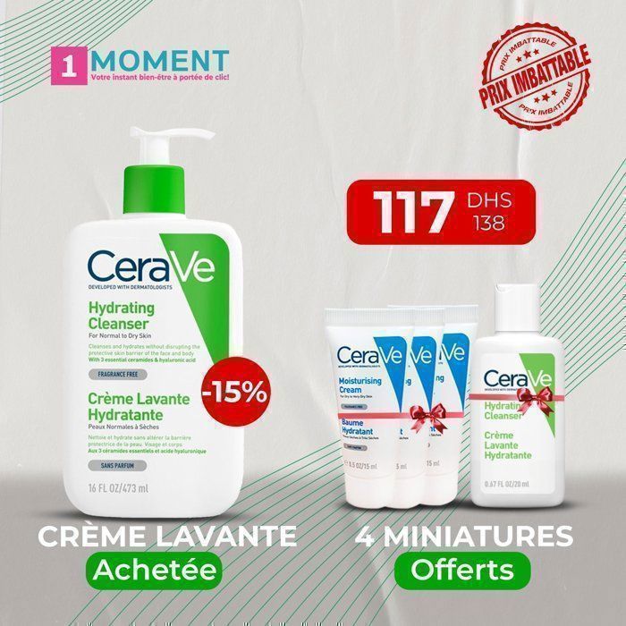 Crème Lavante Hydratante - CeraVe - 473 ml - Peaux Normales à Sèches - 4 Miniatures Offertes