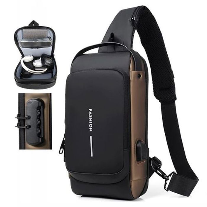 Sac à Bandoulière en Cuir Multi-Poches, Sac Imperméable Antivol, Chargeur USB