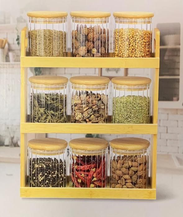 RANGEMEMENT ET ORGANISATEUR 9 PIECES AVEC 9 BOITES À ÉPICES EN VERRE ET COUVERCLE EN BAMBOU-ceuilleres en porcelaine-support 