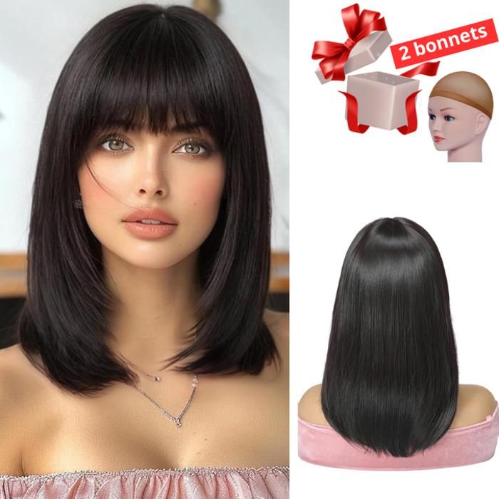 Perruque cheveux synthétique , avec 2 Bonnets gratuit,noir;