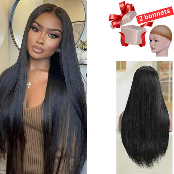 Perruque cheveux synthétique , avec 2 Bonnets gratuit,  noir