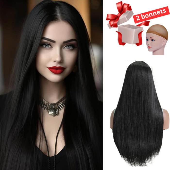 Perruque cheveux synthétique , avec 2 Bonnets gratuit, noir ;