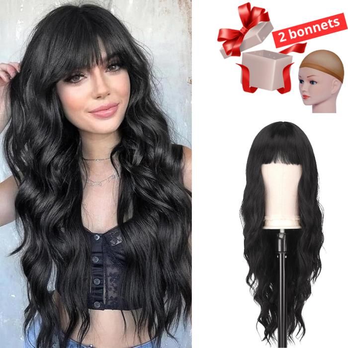 Perruque cheveux synthétique , avec 2 Bonnets gratuit,noir