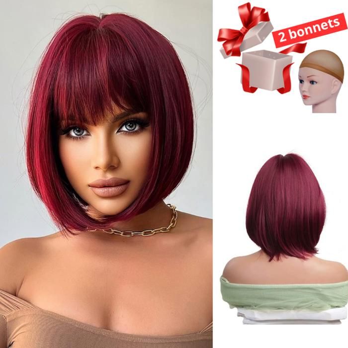 Perruque cheveux synthétique , avec 2 Bonnets gratuit, acajou;