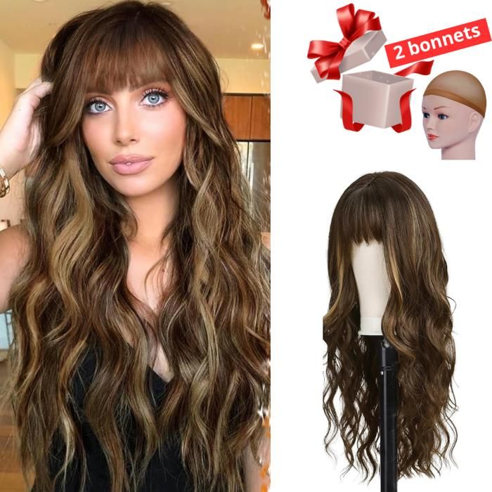 Perruque cheveux synthétique , avec 2 Bonnets gratuit, marron avec meches blondes