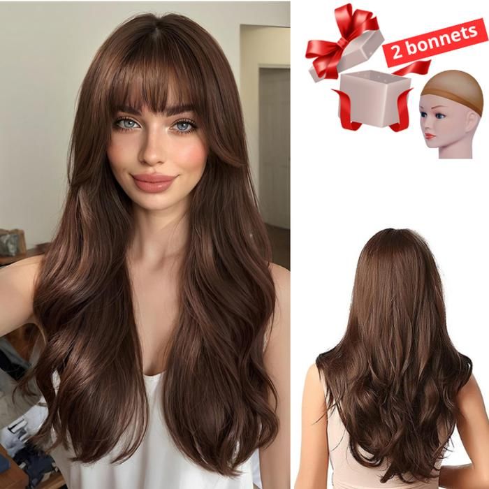 Perruque cheveux synthétique , avec 2 Bonnets gratuit, marron