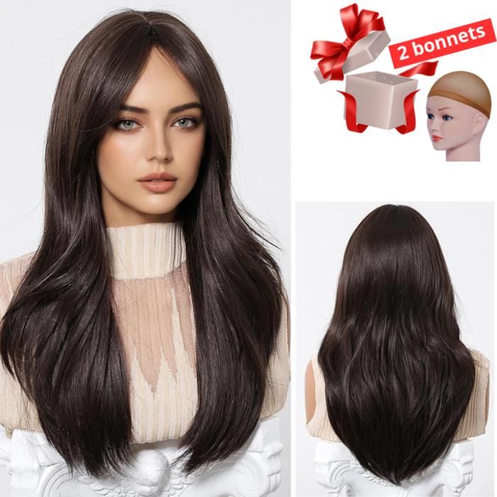 Perruque cheveux synthétique , avec 2 Bonnets gratuit/ marron,