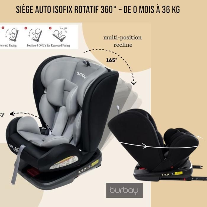 Burbay - Siege auto isofix rotatif et evolutif de la naissance jusqu’à 12 ans - Noir