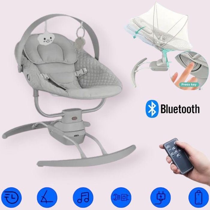 Balancelle Electrique 3en1 Pour Bebe GRIS: télécommande, bleutooth et inclinaison ajustable