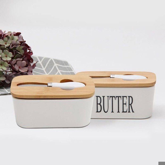 Boîte à Beurre en Céramique avec Couteau à Beurre, Beurrier en Porcelaine avec Couvercle en Bois, 600ml Boîte Hermétique de Beurre,