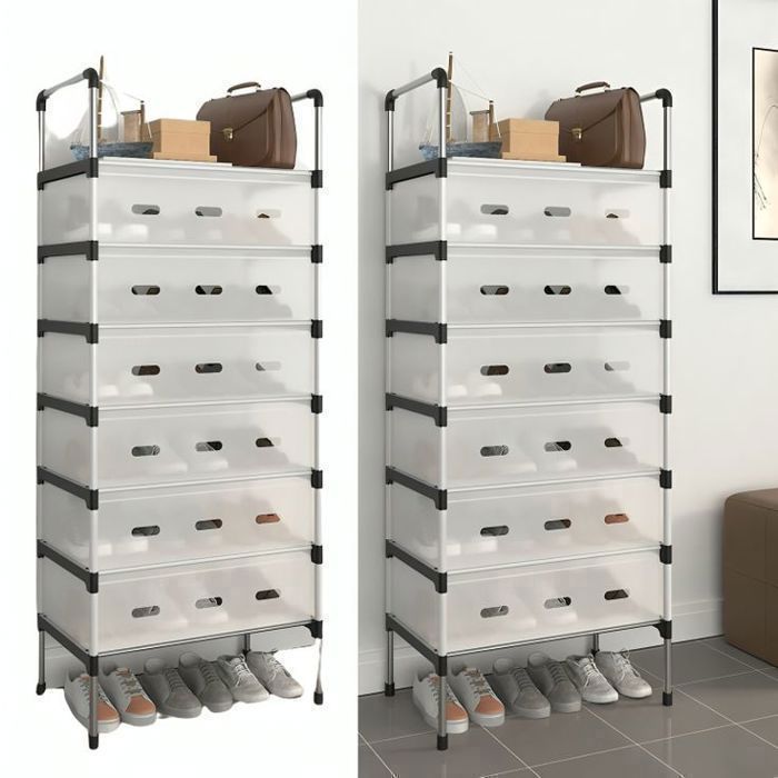 Étagère à chaussures - Non spécifié - 7 niveaux - Blanc - Protection contre la poussière - Ventilation intégrée