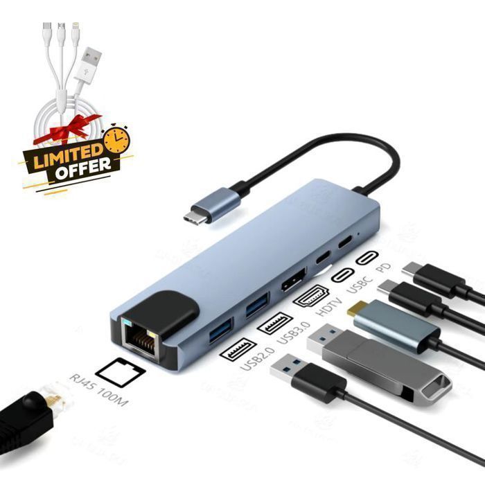 Adaptateur Type-C 6 en 1 – HDMI 4K, RJ45, USB, Type-C x2 avec Câble 3 en 1 Offert