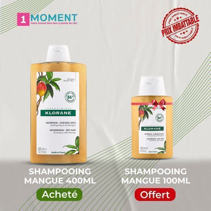 KLORANE – SHAMPOING NUTRITION À LA MANGUE 400ML + SHAMPOING NUTRITION À LA MANGUE 100 ml offert
