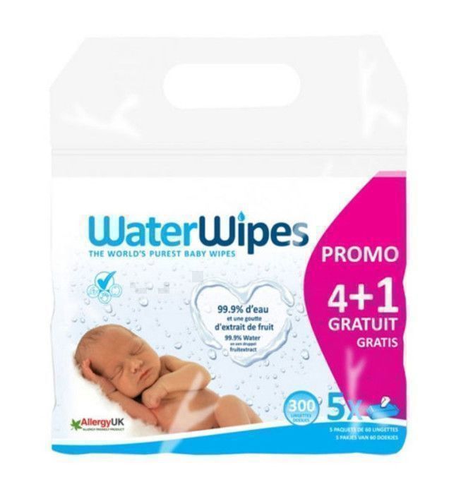 Lingettes Bébé - WaterWipes - Pack de 5 - 99,9% d'eau - Hypoallergéniques - Douces