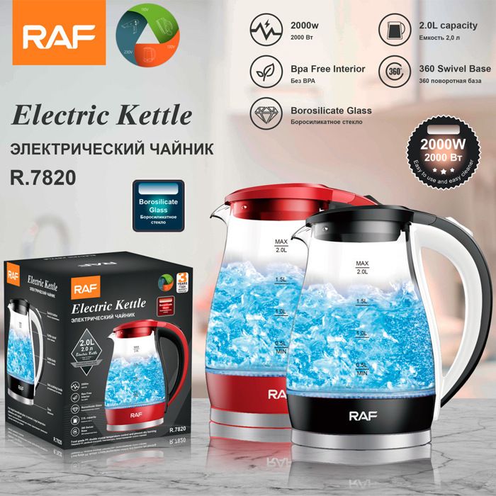 Bouilloire électrique RAF 2025 corps en verre sans BPA intérieur 2 litres 2000w bouilloire en verre pour l'eau bouillante